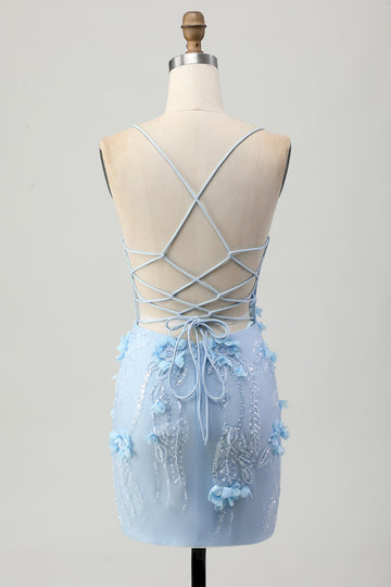 Blå Bodycon Korset Pailletter Kort Homecoming Kjole med 3D Blomster